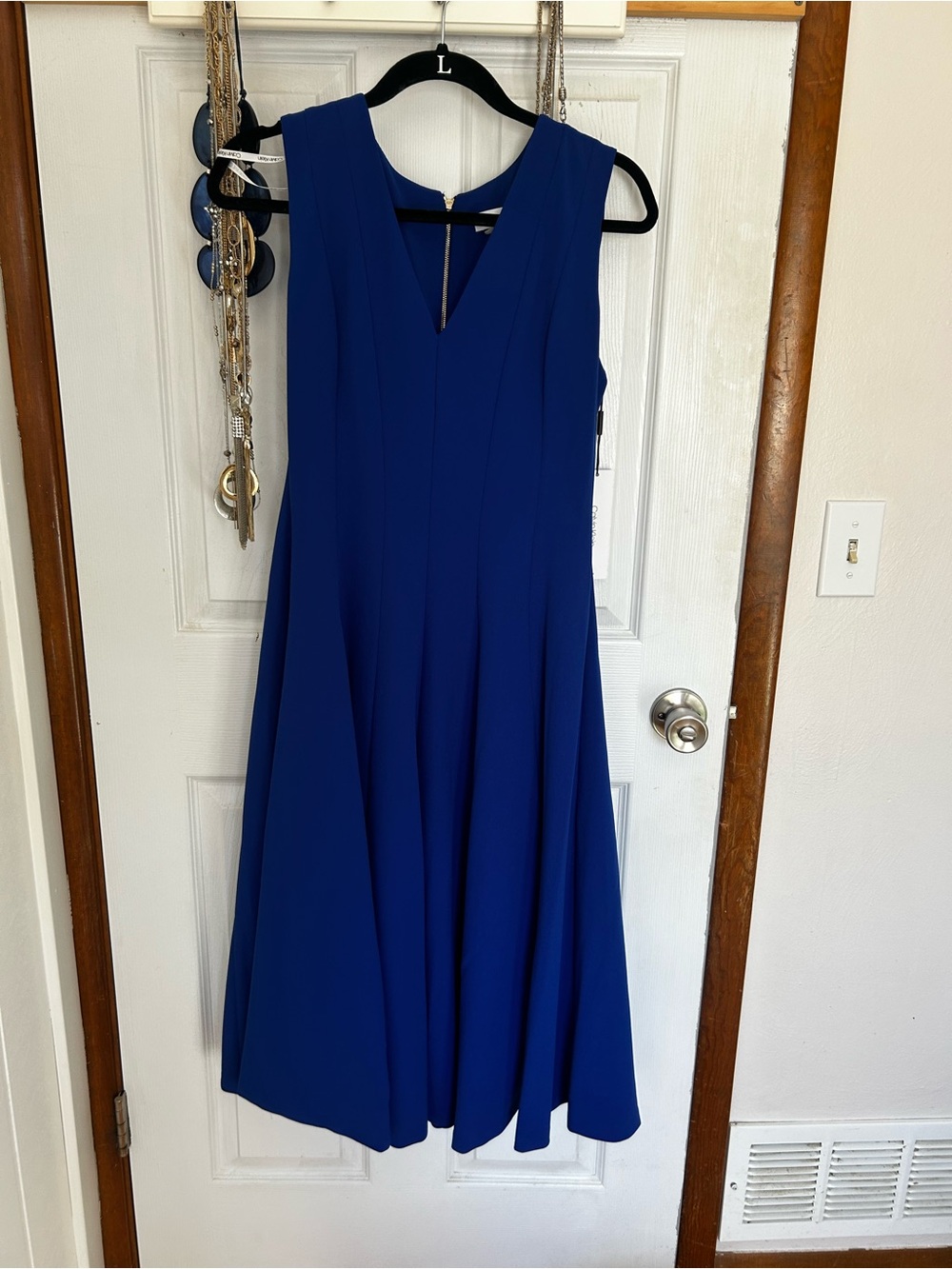 Calvin Klein Sleeveless V-Neck Fit-and-Flare Dress in Cobalt Blue